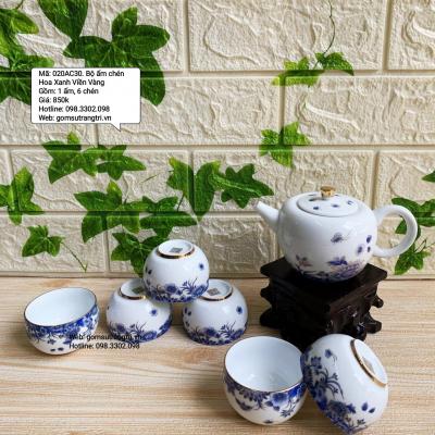 Bộ Ấm Chén Hoa Xanh Viền Vàng